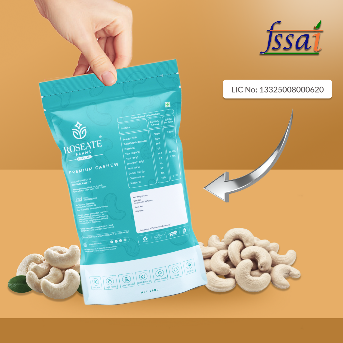 Roseate Farms Premium Cashews 250g | Whole Crunchy Kaju