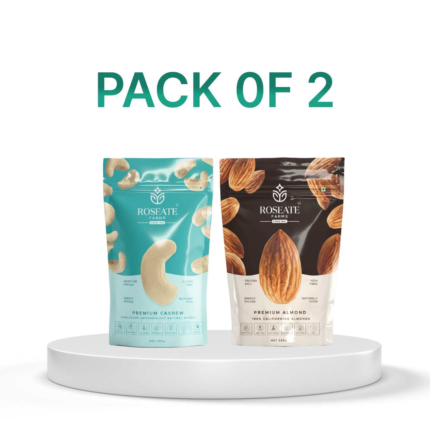 Roseate Farms Premium Dry Fruits Combo Pack of 2 (500g) | Almonds 250g | Cashews 250g | Festive Dry Fruits Gift Pack