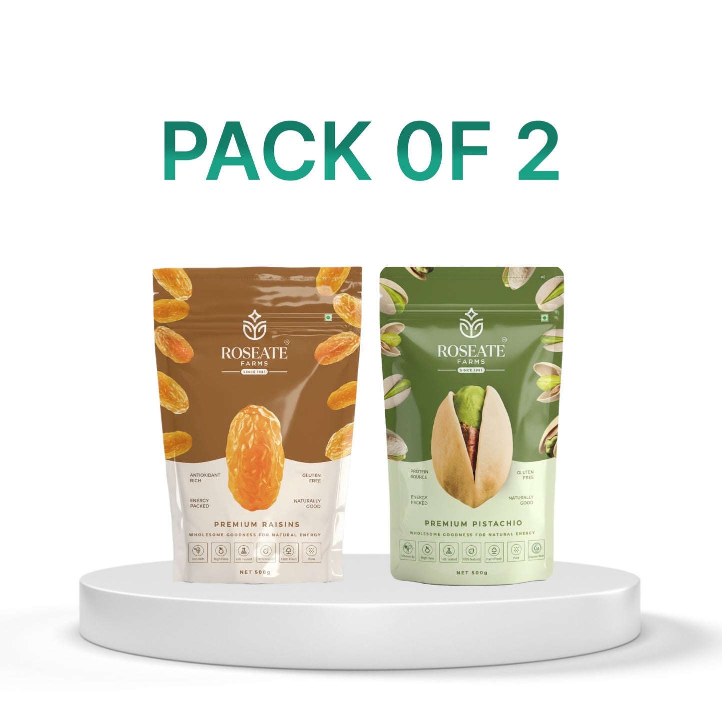 Roseate Farms Premium Dry Fruits Combo Pack of 2 (500g) | Raisins 250g | Pistachios 250g | Festive Dry Fruits Gift Pack