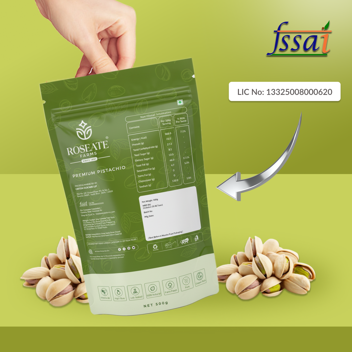 Roseate Farms Premium Pistachios 500g | Pista