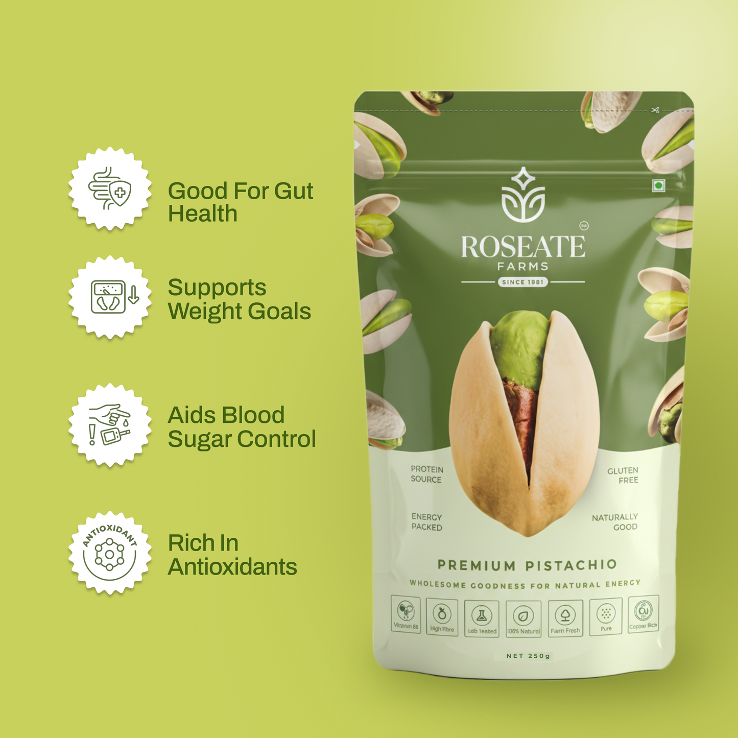Roseate Farms Premium Pistachios 250g | Pista