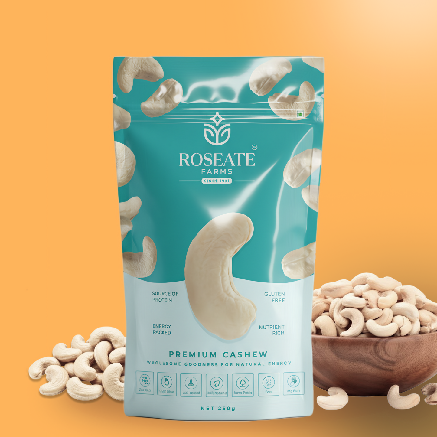 Roseate Farms Premium Cashews 250g | Whole Crunchy Kaju