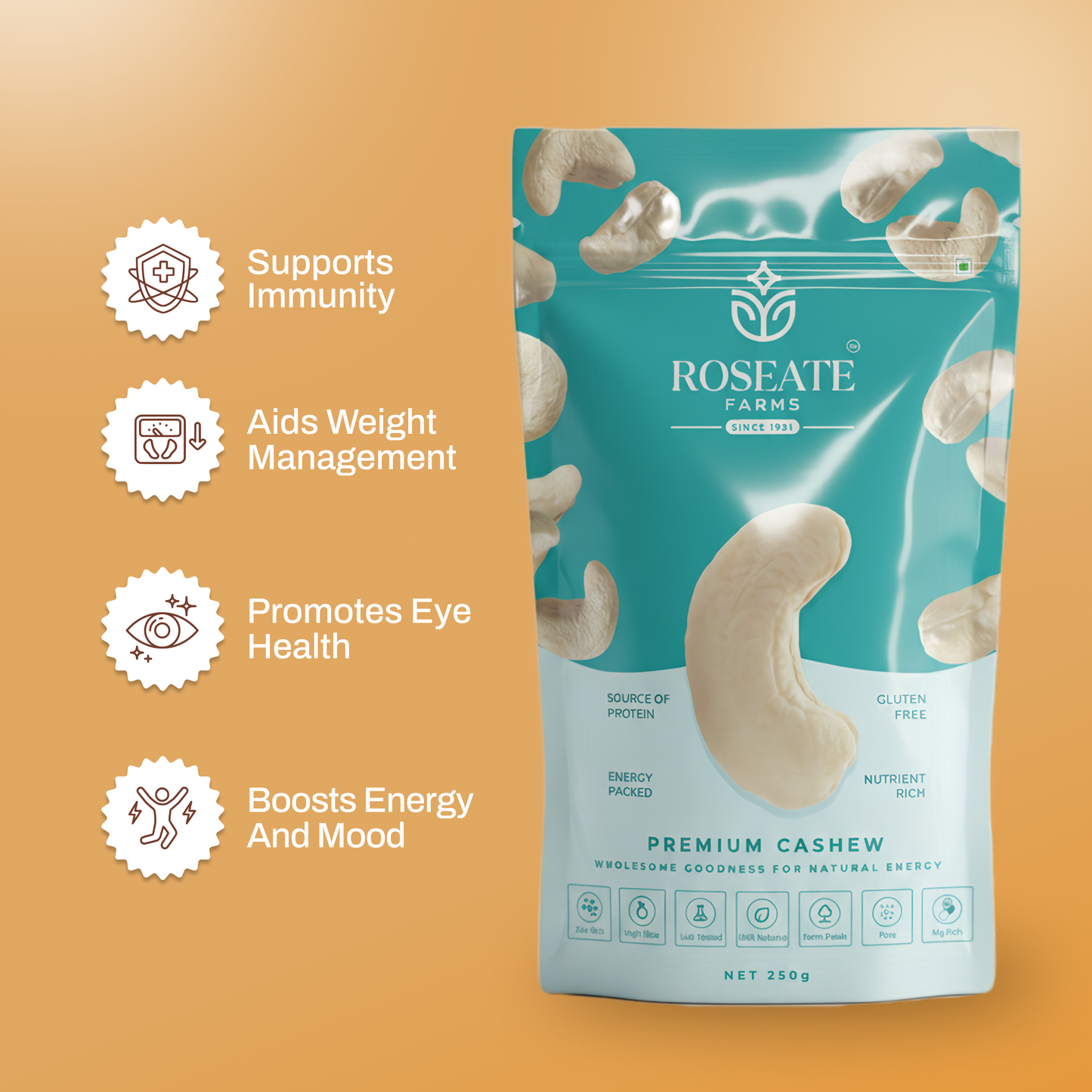 Roseate Farms Premium Cashews 250g | Whole Crunchy Kaju