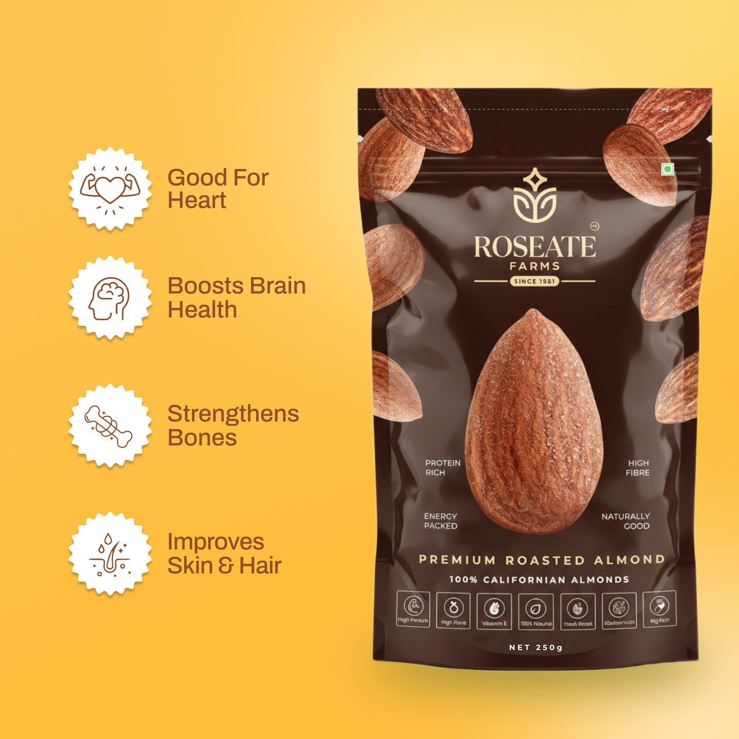 Roseate Farms Premium Roasted Almonds 250g | 100% Californian
