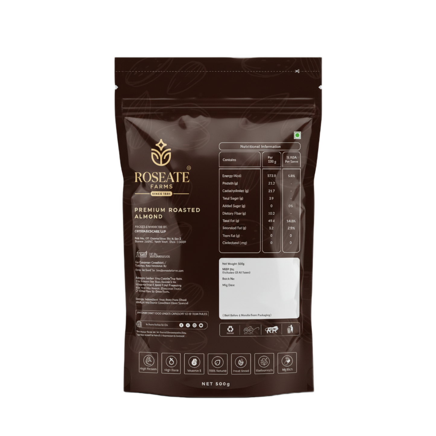 Roseate Farms Premium Roasted Almonds 500g | 100% Californian