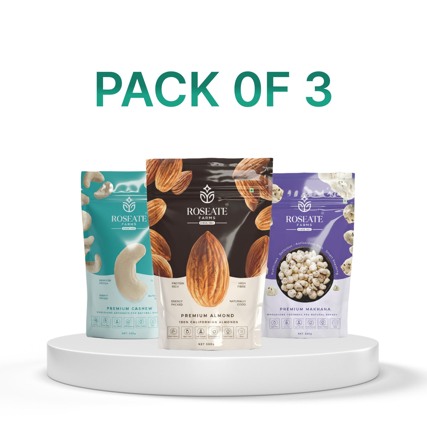Roseate Farms Premium Dry Fruits Combo Pack of 3 (750g) | Cashews 250g | Almonds 250g | Makhana 250g | Festive Gift Pack