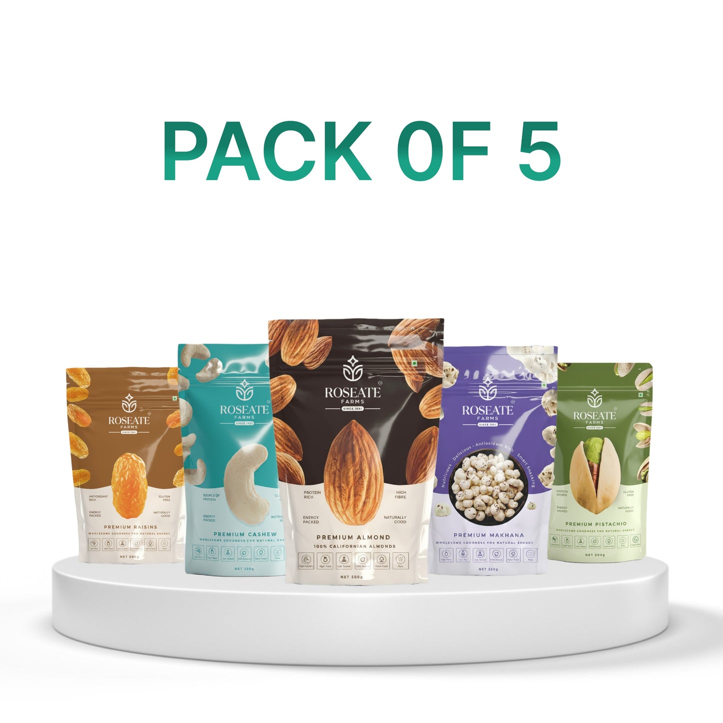 Roseate Farms Premium Dry Fruits Combo Pack 0f 5 (1.25kg) | Almonds 250g | Cashews 250g | Raisins 250g | Pistachios 250g | Makhana 250g | Festive Gift Pack